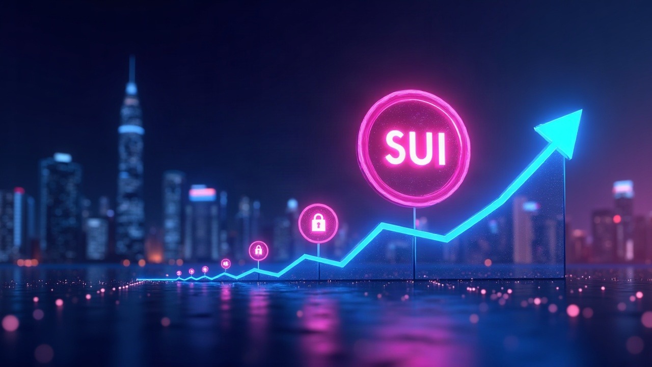 Neon blue-pink SUI token above a price line from 0.62 to 0.85 with unlock icons and a futuristic city skyline
