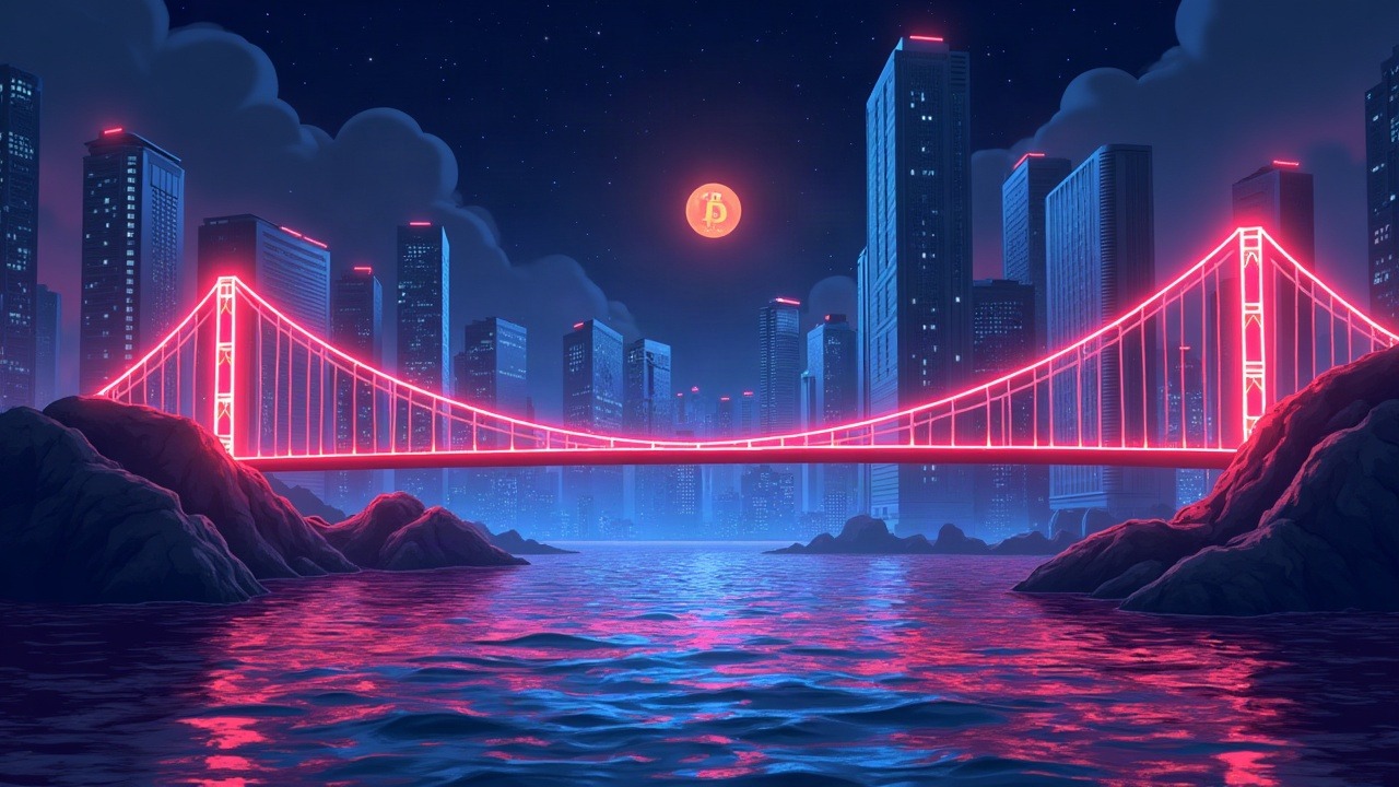 Neon-lit Bitcoin bridge breach illustrating syBTC minting and cross-chain data streams