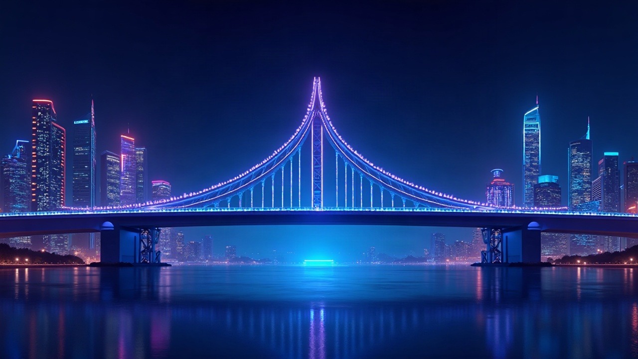 Neon cross-chain bridge linking Ethereum, Polygon and Arbitrum; DEX left, centralized platform right, glowing blue-purple.
