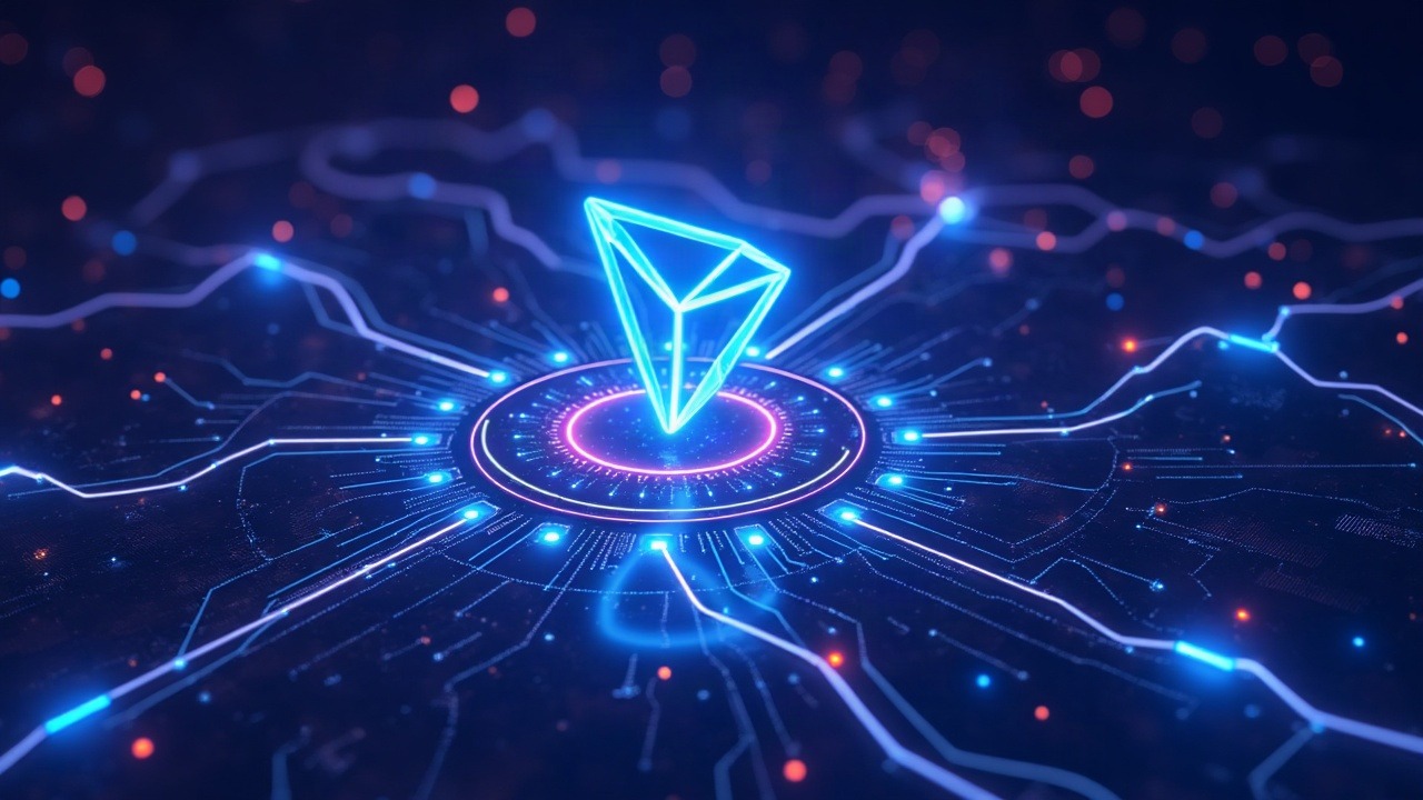 Neon-lit TRON ecosystem hub with flowing digital assets against a blue-cyan network backdrop.