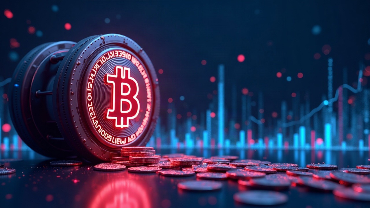 Neon futuristic scene showing Bitcoin ETF outflows and Ethereum inflows against a dark ticker backdrop.