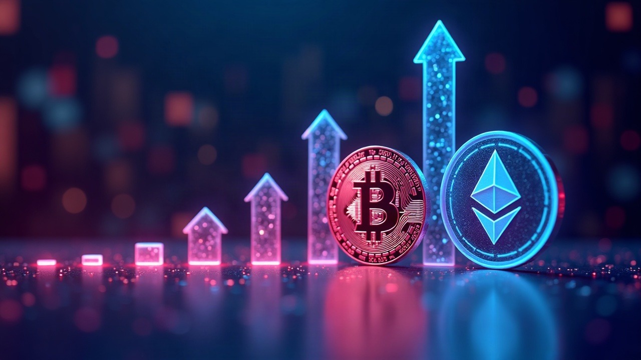Neon illustration of Bitcoin and Ethereum logos with upward arrows on a blue-pink digital crypto news header