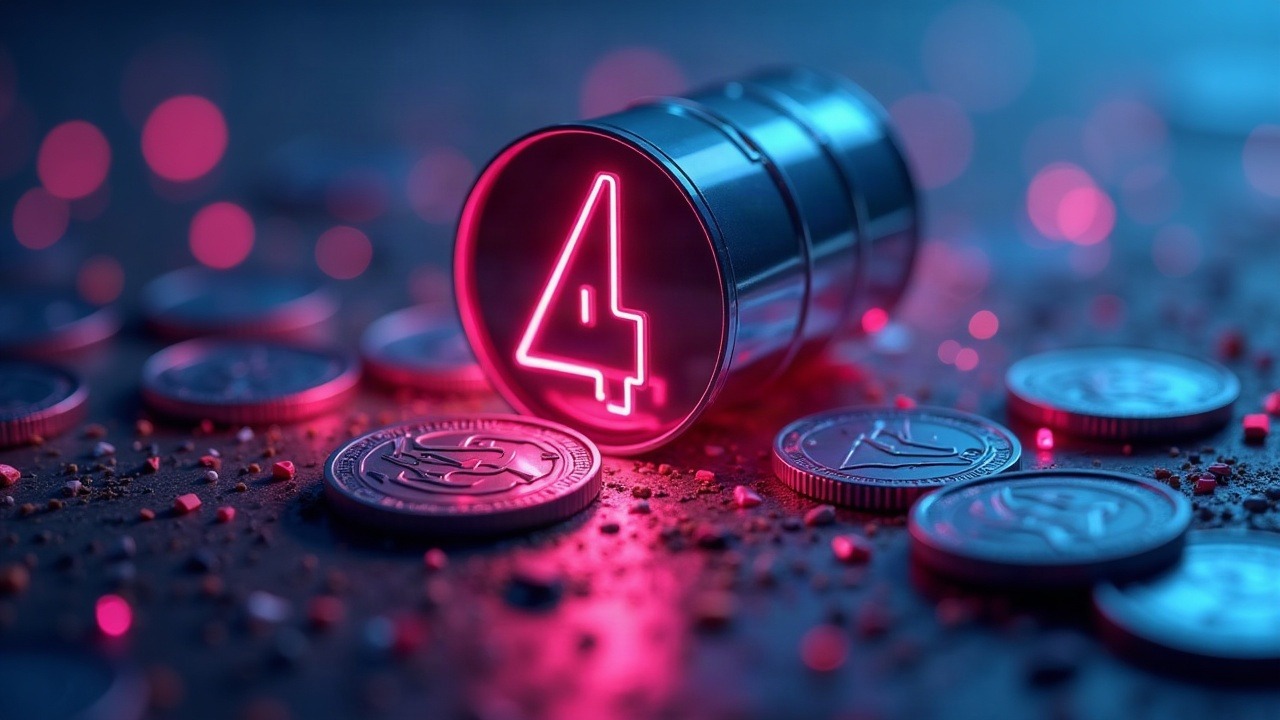Hyperreal neon USDT coins surround a shattered oil barrel, signaling a failed cross-border deal with blue-pink glow.