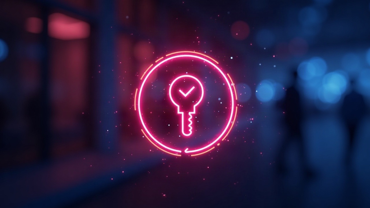 Neon crypto scene showing a breached smart contract, red alert glow, and a private key icon on blue-purple background