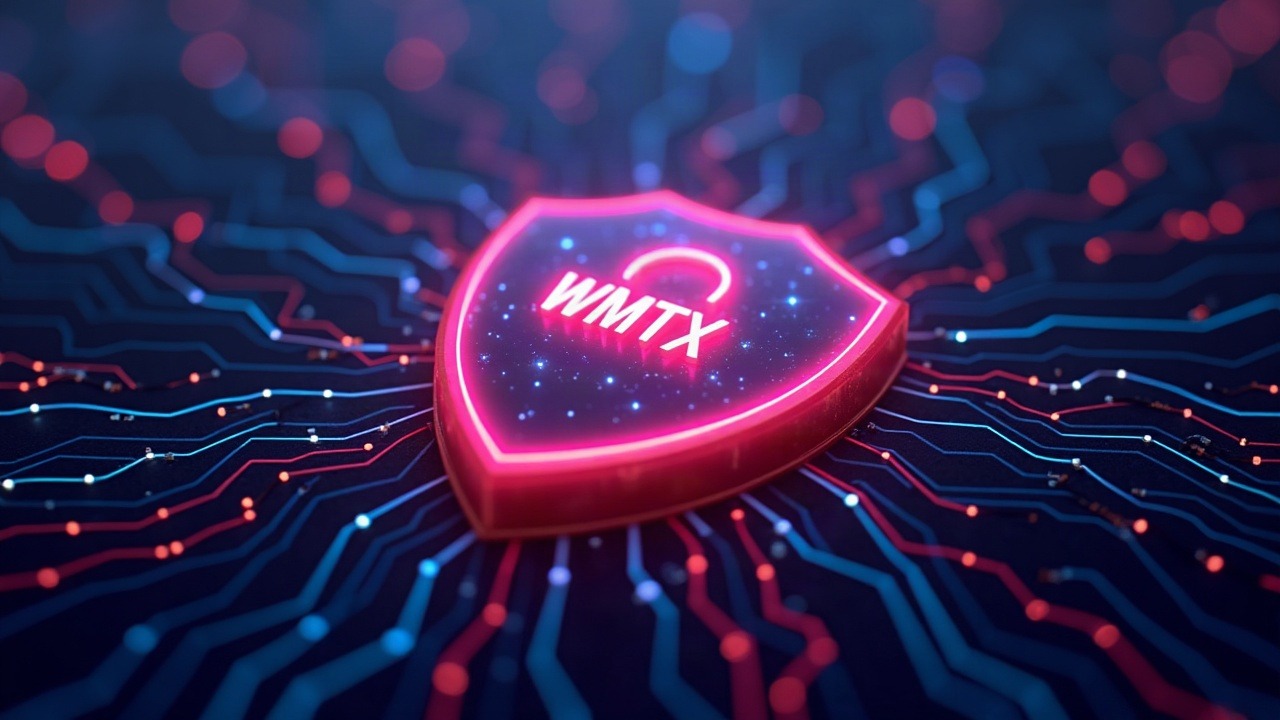 Neon-lit illustration of a WMTX shield among network nodes signaling a security incident and paused trading.
