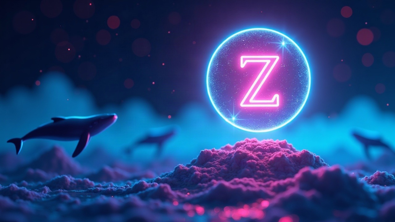 Neon ZEC-inspired orb rising above a market chart, with whale silhouettes and blue-cyan-pink glow.