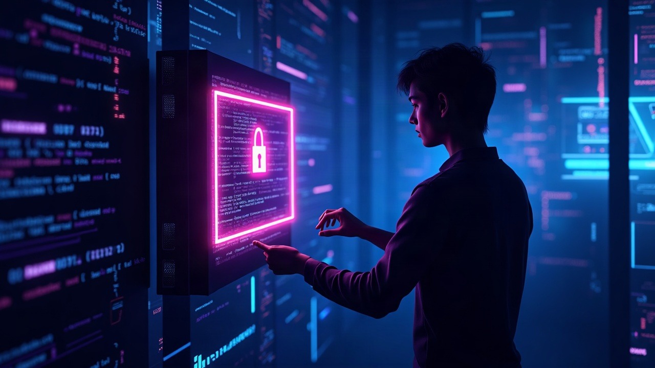 Neon cyber illustration of an attacker silhouette manipulating a glowing swapRouter amid code streams.