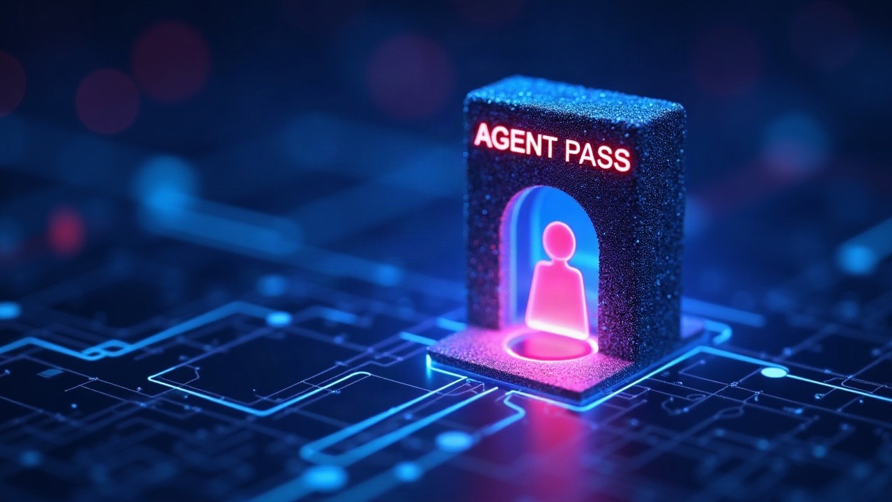 Neon blockchain core with a glowing AI agent inside an Agent Pass boundary gate, blue and purple glow.