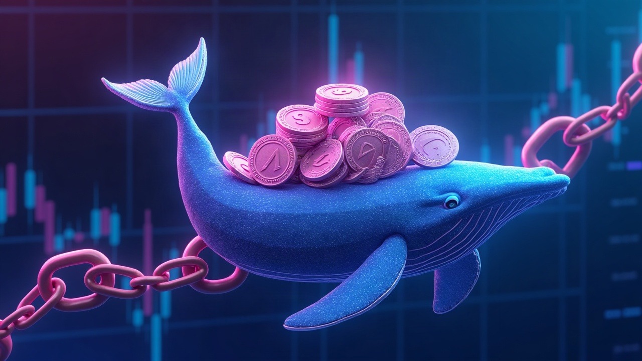Neon-lit illustration of a whale wallet accumulating ANSEM tokens on-chain with blue glow against a blurred backdrop.