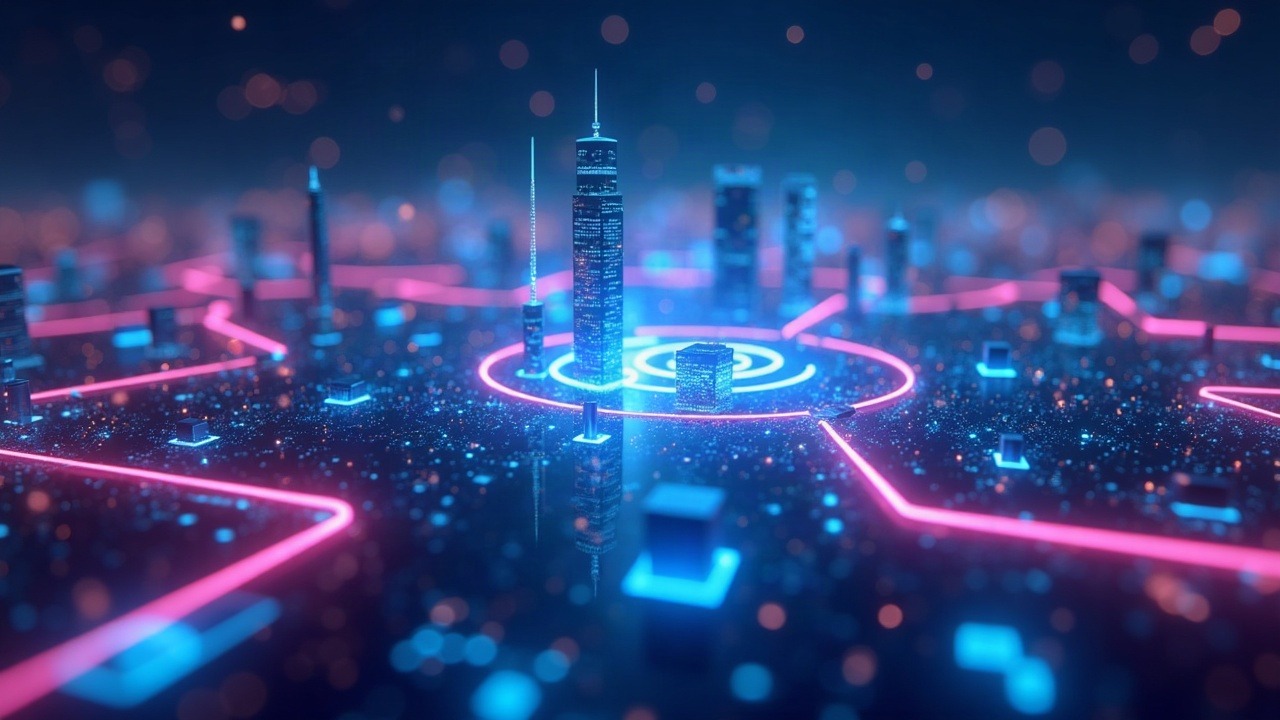 Neon 3D depiction of DecibelTrade trading engine on Aptos with onchain trade light trails in a futuristic cityscape.