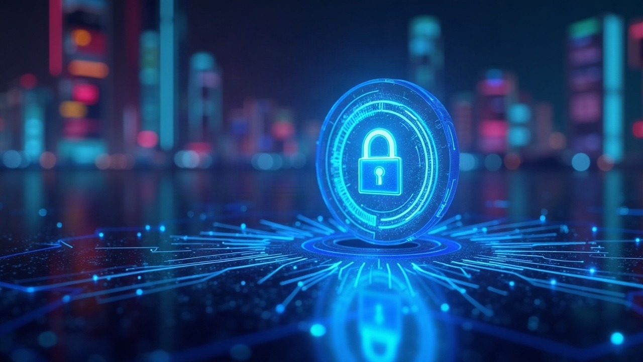 Futuristic scene: glowing lock over encrypted mempool streams and confidential asset amounts, neon blue-cyan lighting.