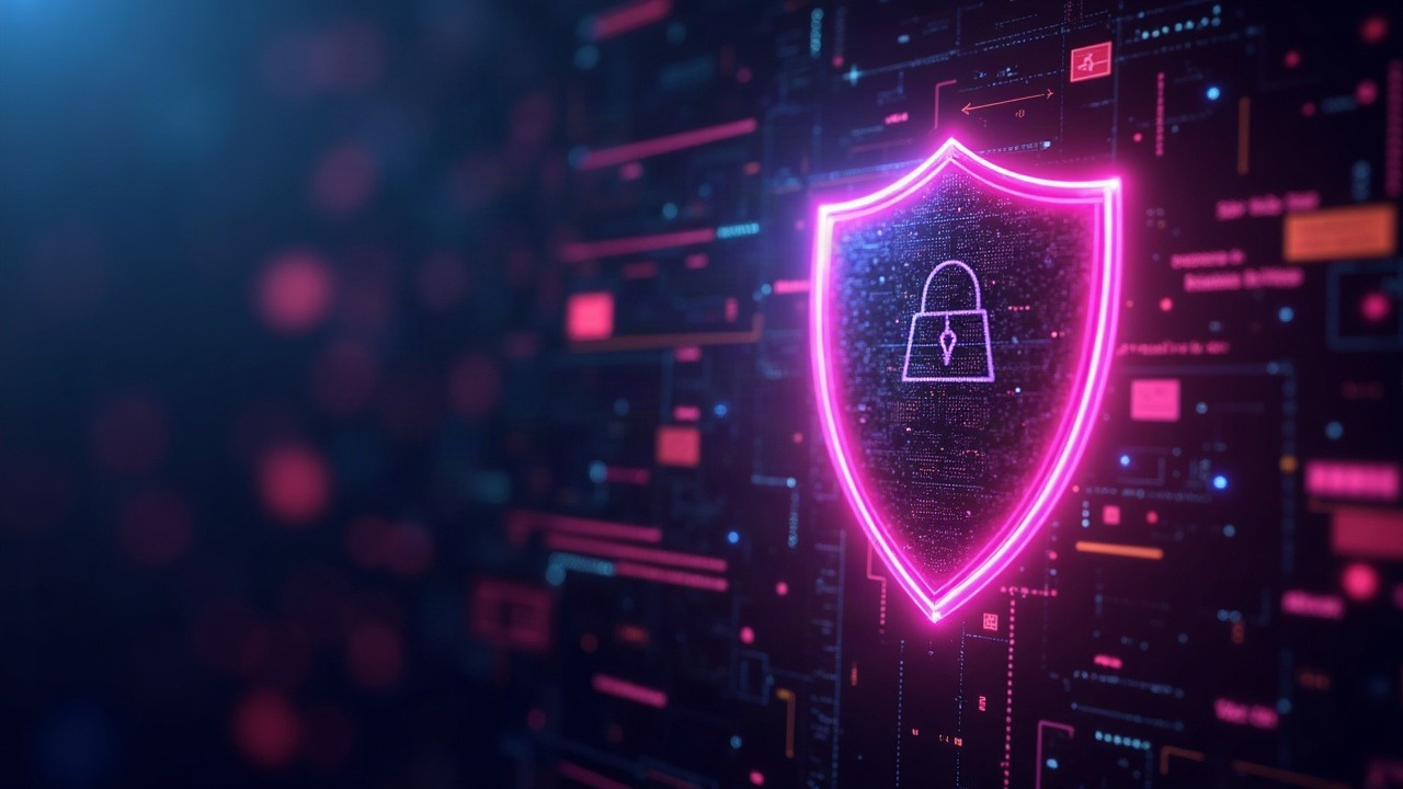 Neon crypto illustration of an encrypted mempool with a central validator shield and glowing encryption shards.
