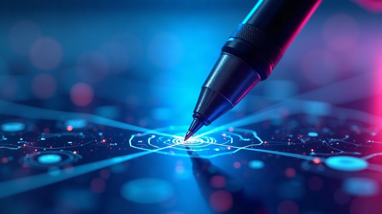 Neon-hued illustration of a stylus pausing on a glowing blockchain, blue-cyan-purple glow, symbolizing AI-driven activation pause.