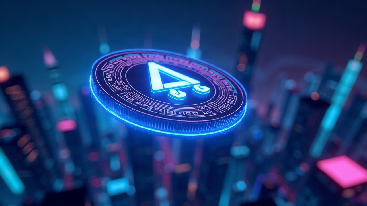 Glowing USDG token with Arbitrum logo orbiting a neon cybercity, blue-cyan-purple lighting.