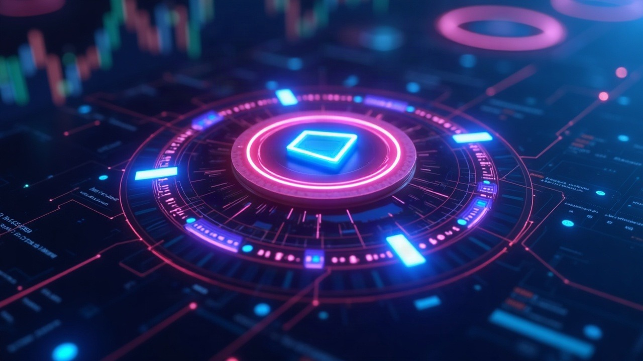 Neon 3D illustration showing tokenized stock tickers orbiting a Base logo with 24/7 trading on a blue bokeh backdrop.