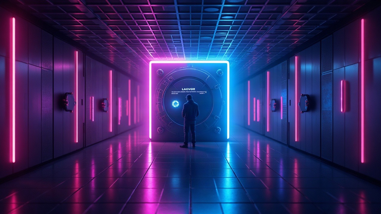 Neon-lit Base vault breach with 3-of-7 Safe multisig, altered whitelist, attacker silhouette, and wstETH glow.