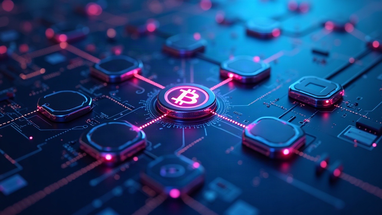 Neon illustration of a secure Bitcoin node network upgrading to v29.5 with connected servers and blue-purple lighting.