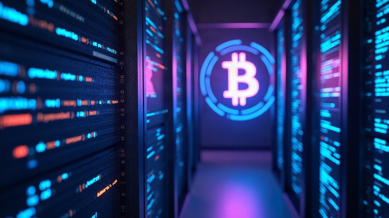 Neon blue and purple data center with sleek servers and flowing code around a central Bitcoin node, representing testing.