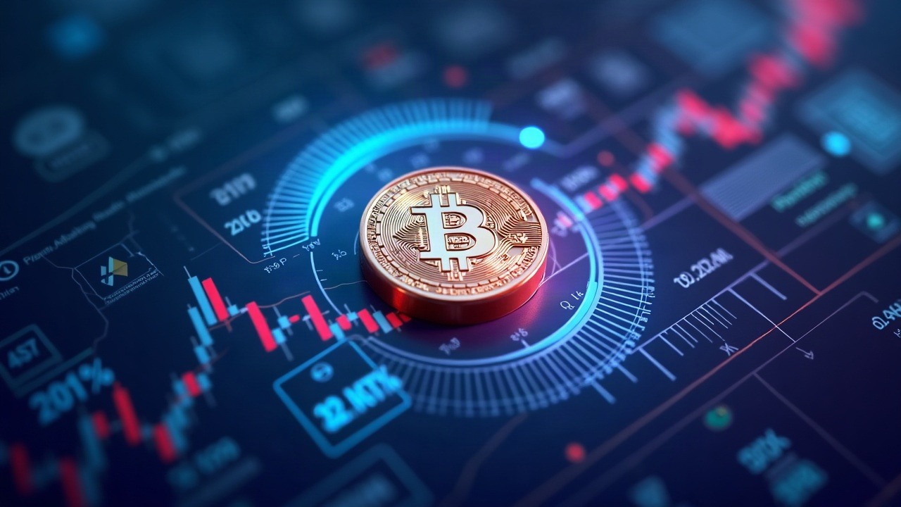 Bitcoin at center with a 50 neutral gauge, neon blue lighting and holographic market data panels
