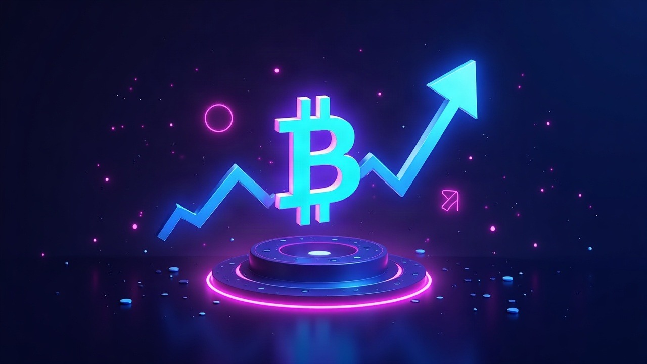 Neon fintech illustration of Bitcoin ETF outflows reversing a nine-day inflow, central Bitcoin icon with blue-purple glow.