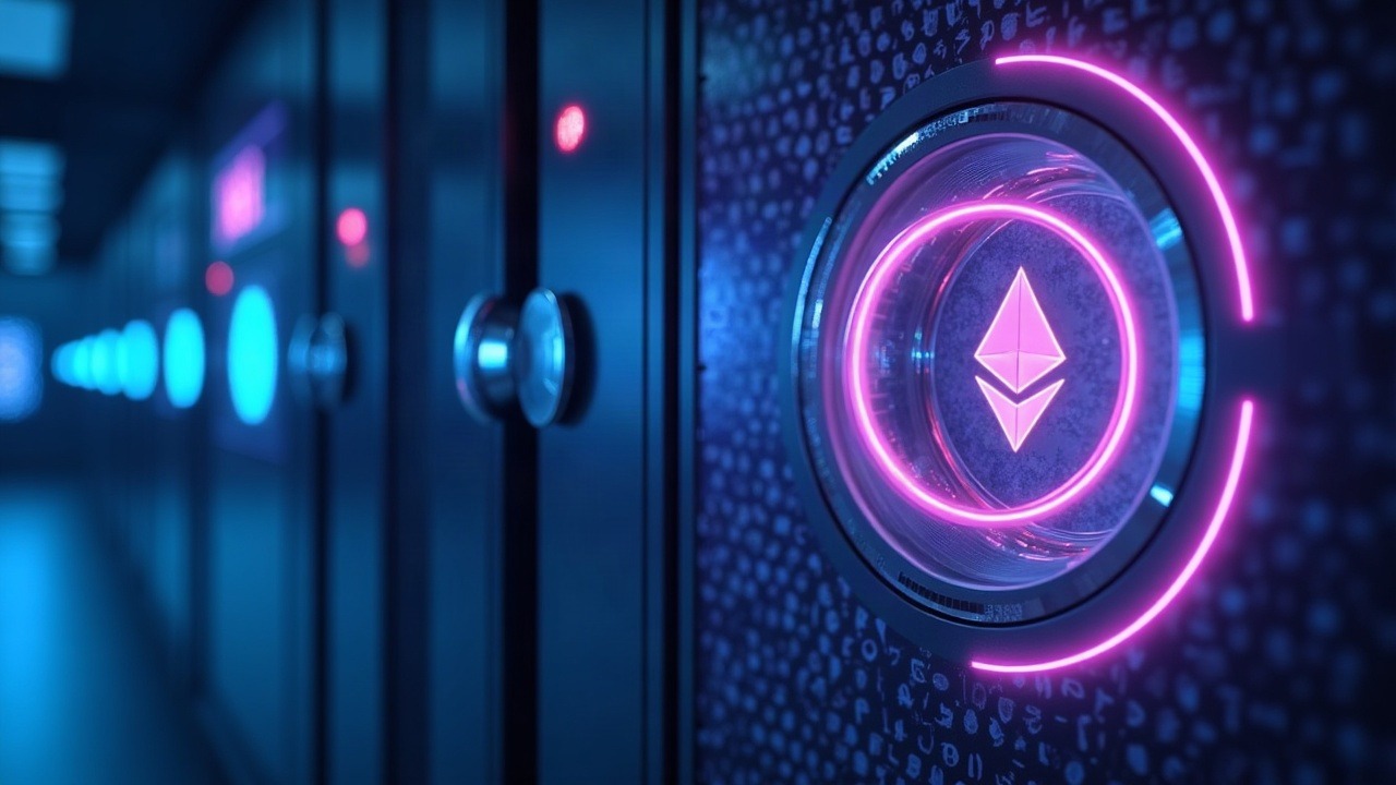 bitgo custody hub with eth and steth tokens, neon blue and purple glow, secure vault backdrop, futuristic defi staking scene