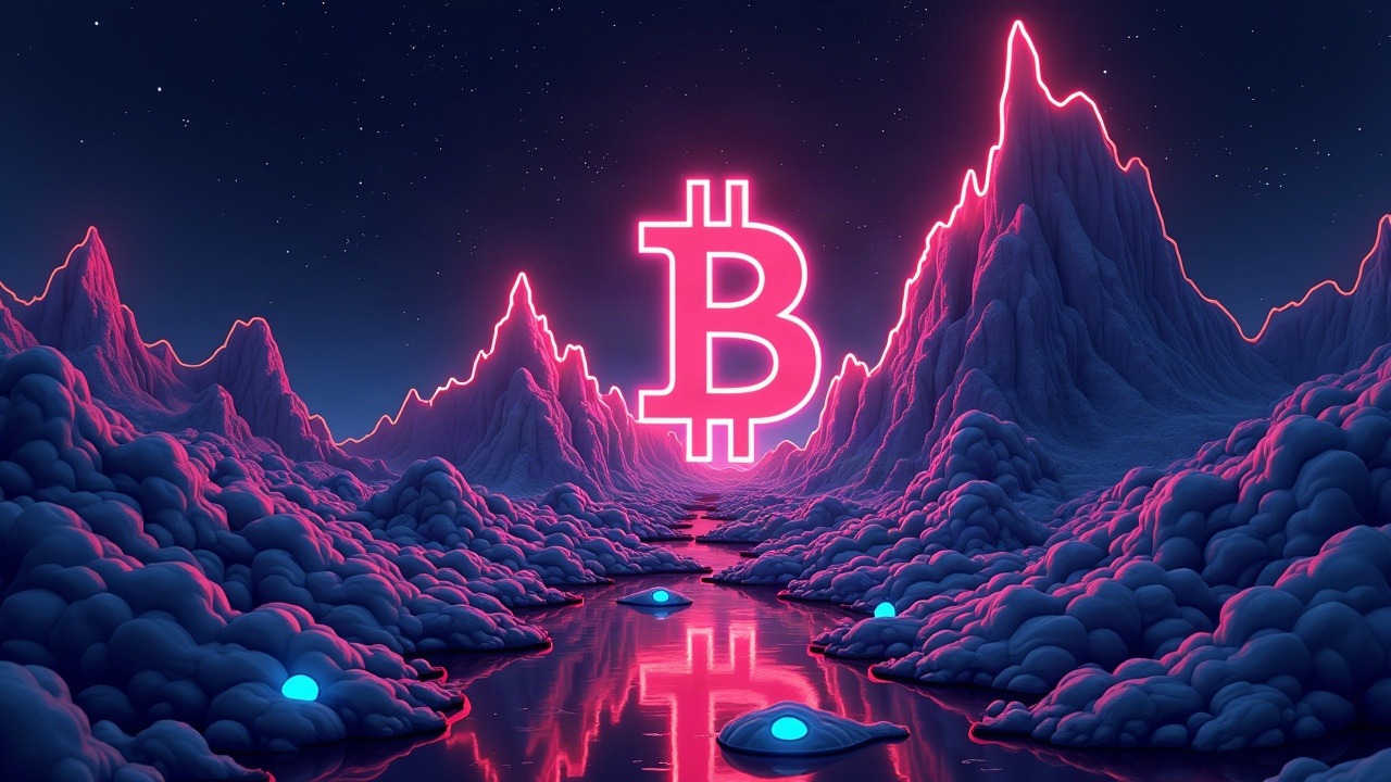 Neon, futuristic illustration showing IBIT inflow powering a Bitcoin market hub with BlackRock at center.