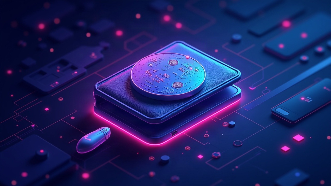 Wallet illustration for Blockstream coin selection feature showing selectable UTXOs with neon blue and purple glow.