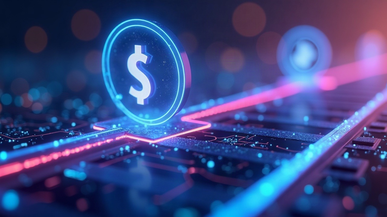 Hyperrealistic illustration of glowing USDC transfers on BNB Chain with a zero-fee banner and neon blue-purple lighting.