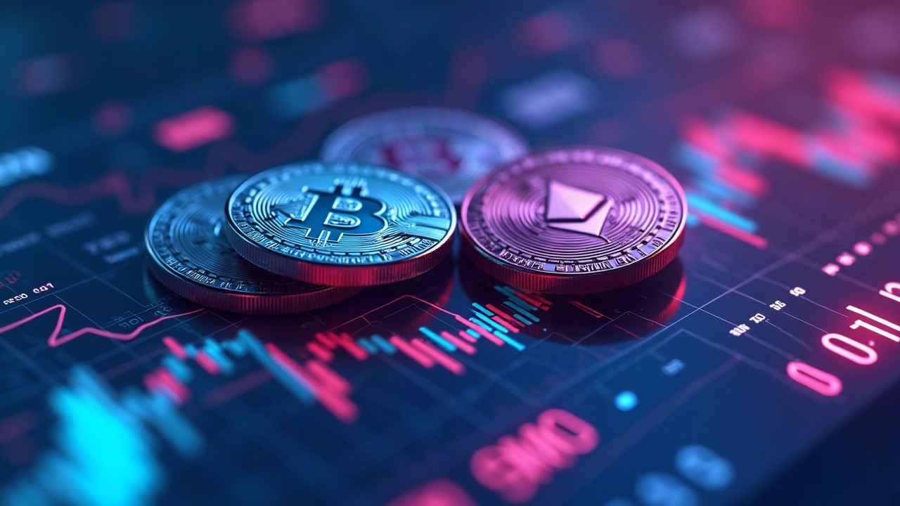 Hyperreal neon 3D scene: Bitcoin and Ethereum coins rise above a digital ETF trading floor with blue cyan purple glow.