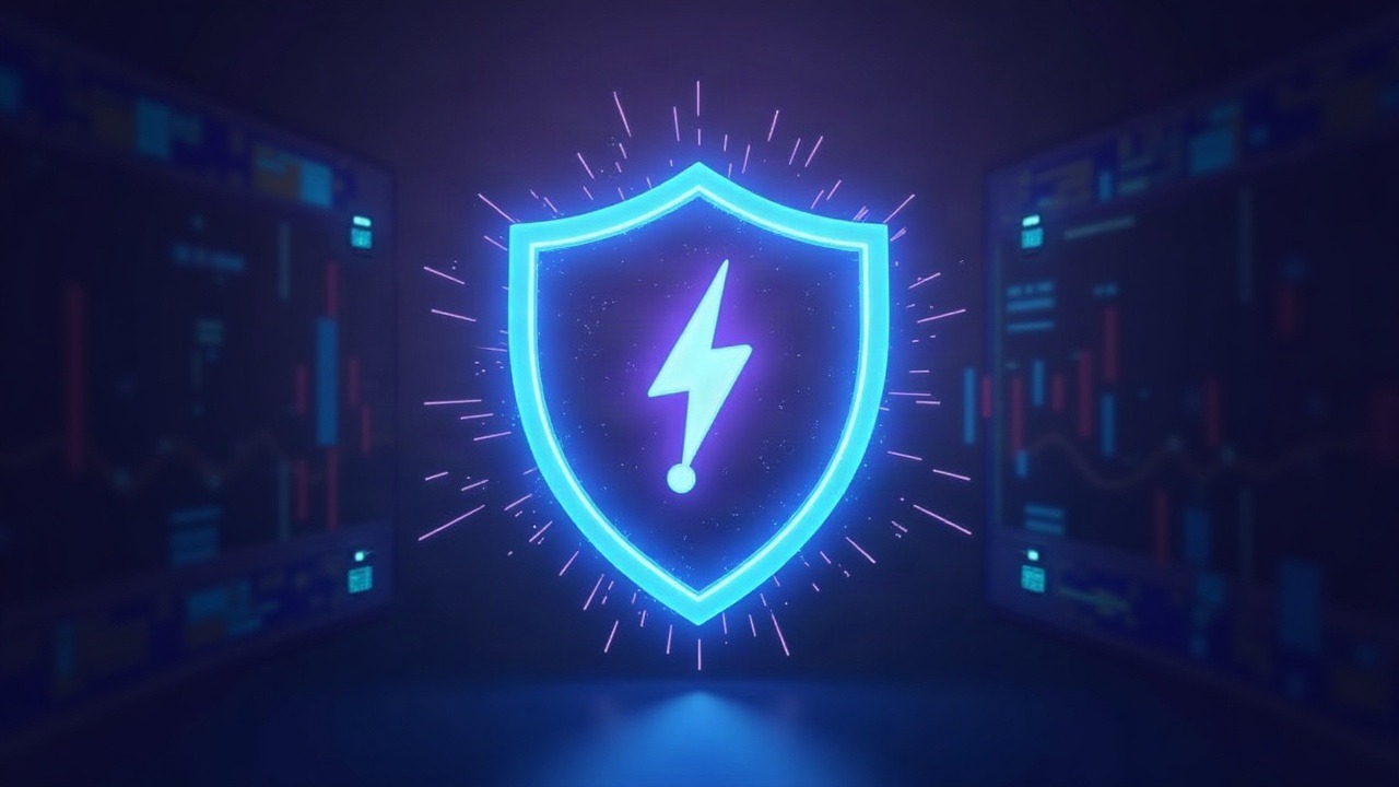 Neon-lit Core Lightning node upgrading to 26.06.8 with a glowing shield against a cyan-purple digital backdrop.