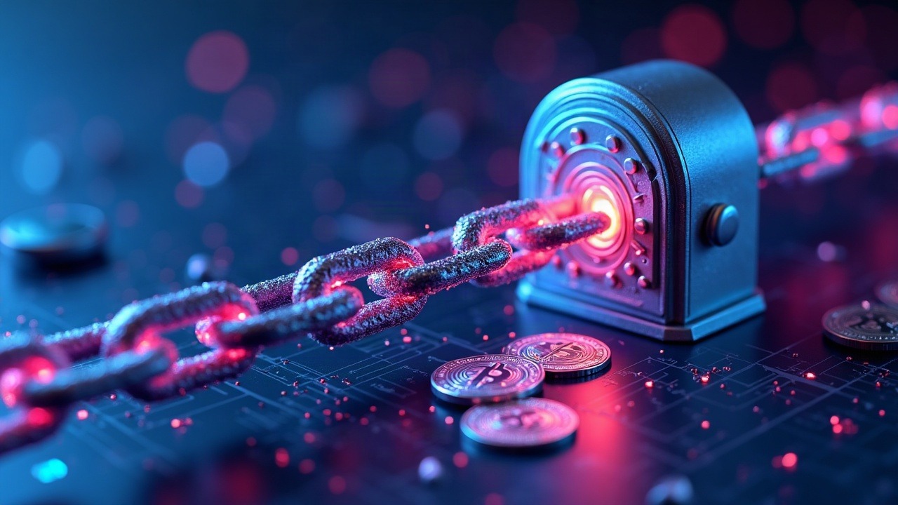 Cross-chain bridge with breached vault leaking digital coins, neon glow over a blurred circuit background