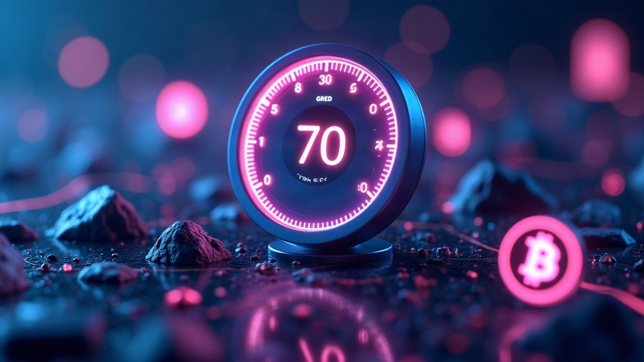 Neon crypto scene with a central gauge reading 70 Greed and glowing BTC/ETH icons.
