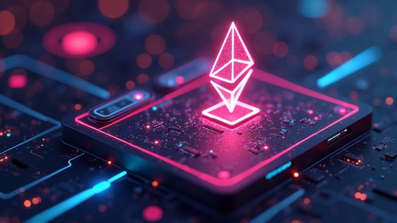 Neon-lit device generating a compact STARK with mempool aggregation visuals and Ethereum symbol