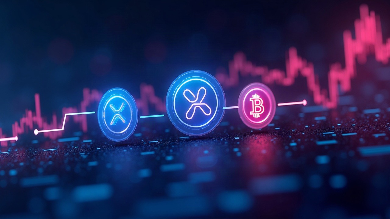 Neon ETF flow illustration showing XRP and SOL strength vs BTC outflows with central altcoin logos.