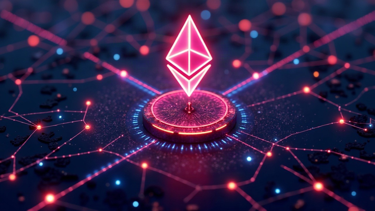 Neon illustration of Ethereum network hub with glowing nodes and secure deposit routing.