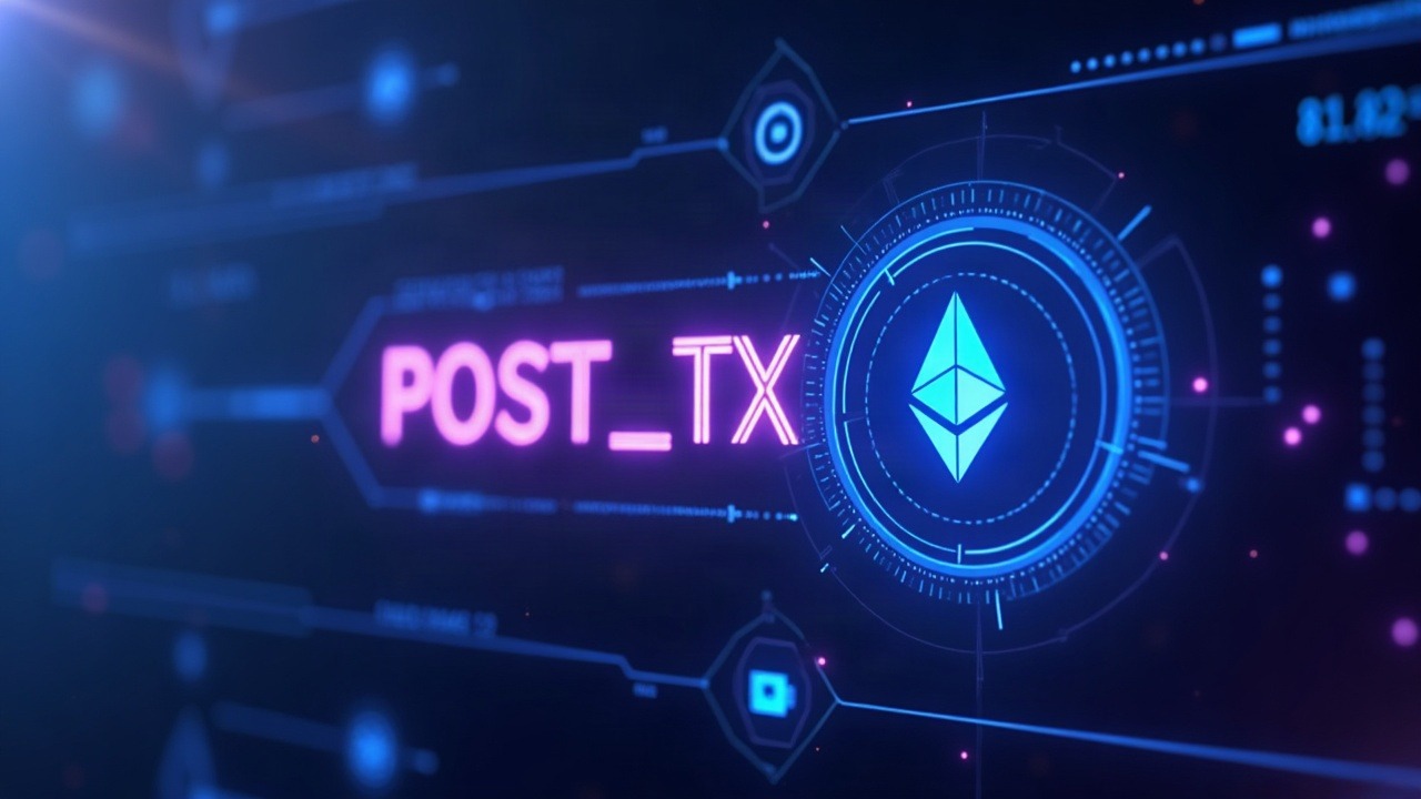 Futuristic Ethereum transaction with a post-tx frame validating state diffs, neon blue and purple glow, security icon.