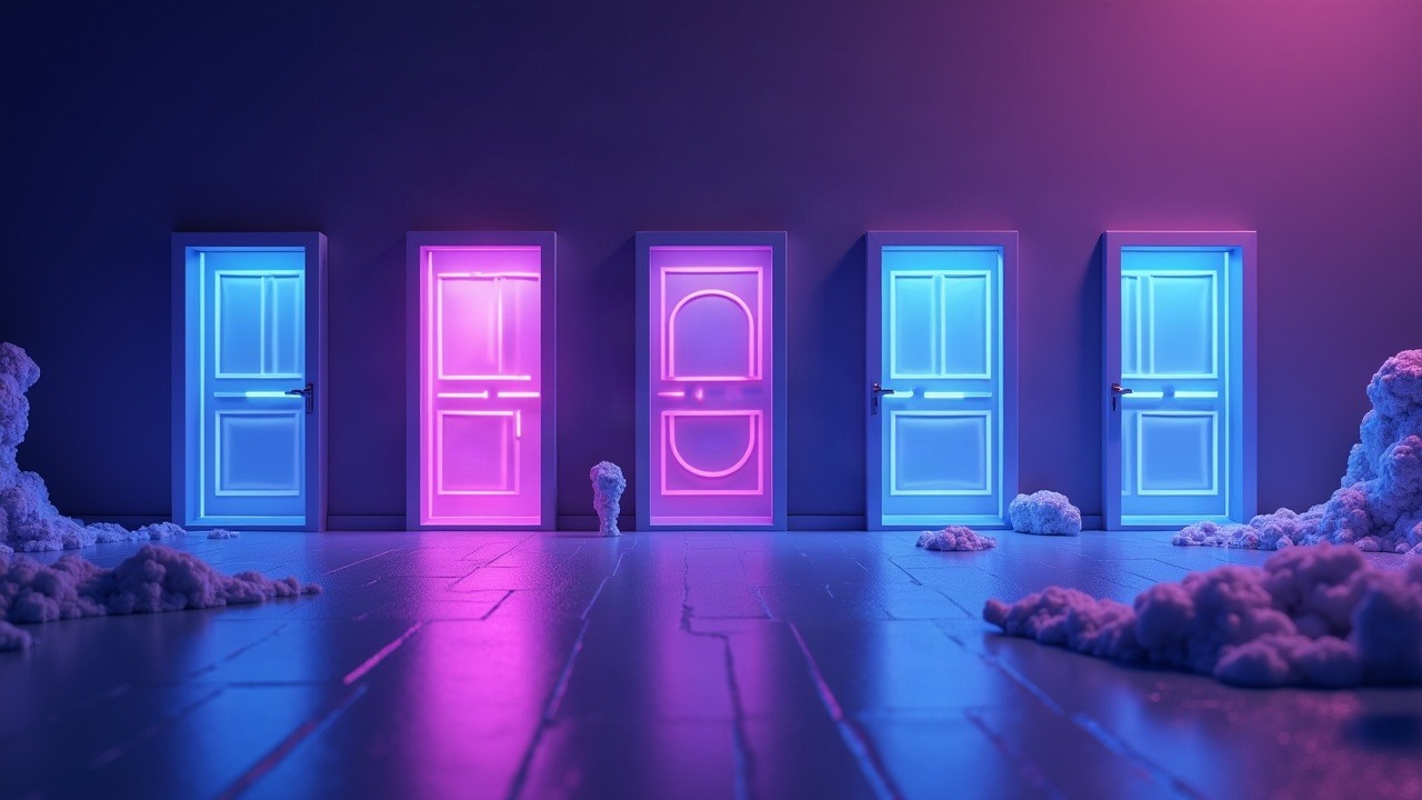 Neon Tezos scene with blue-purple portals for Wallet, DeFi, DevTools, Governance, and LPoS around a glowing Tezos logo