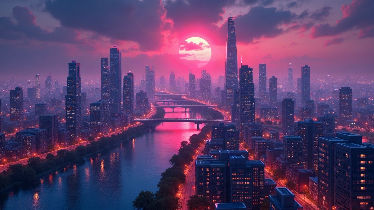 Neon Ethereum cityscape with separate validator and builder queues, routing by withdrawal credentials, futuristic glow.