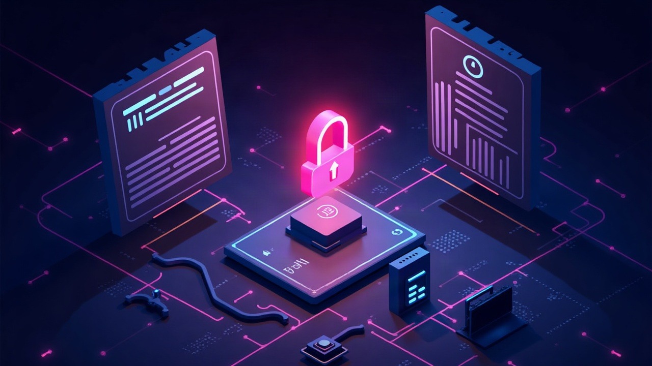 Neon illustration of Gnosis Safe multisig wallets under attack by a forged contract icon, highlighting DeFi third-party risk.