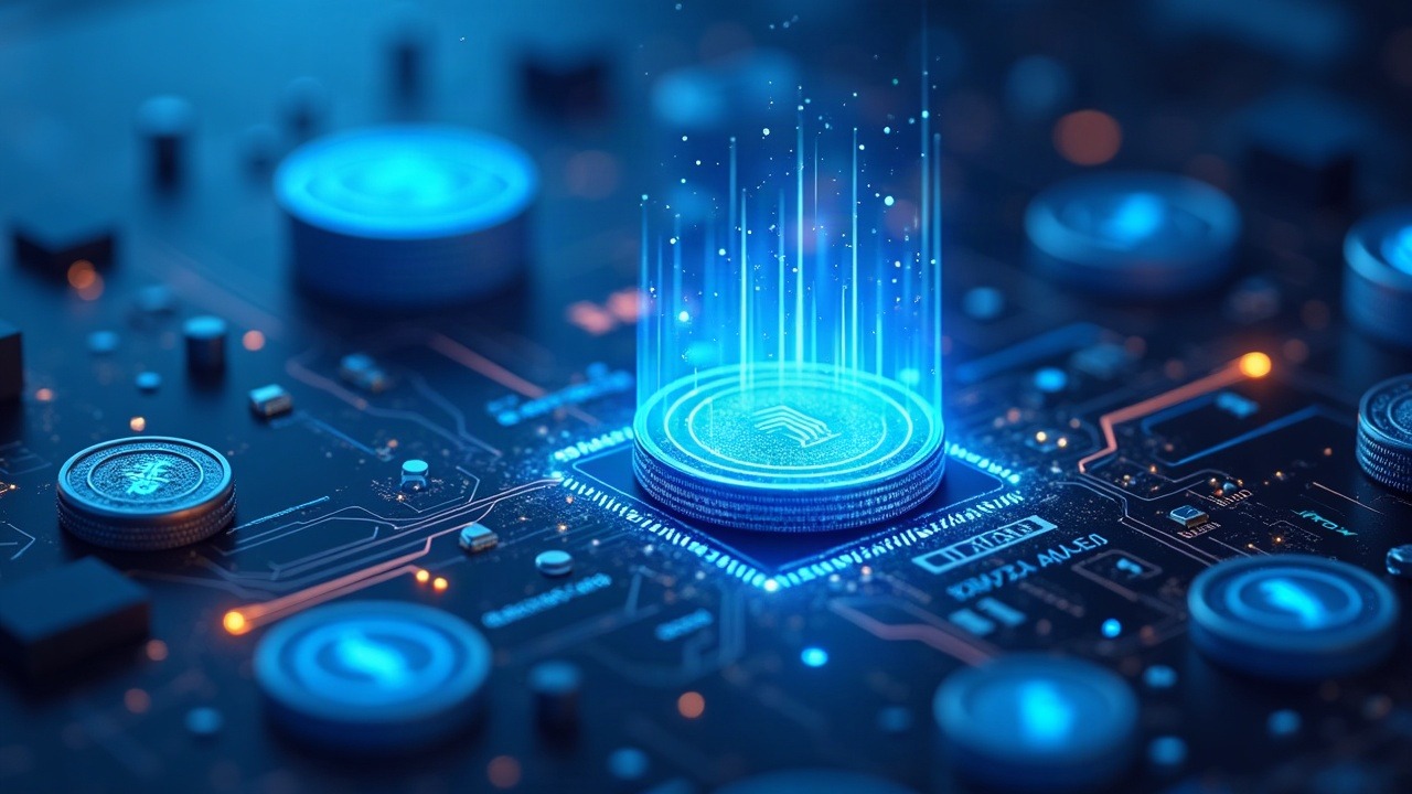 Neon blue crypto illustration of tokenized stocks in a burn-and-buyback flow, with glowing NVIDIA and AMC assets on-chain.