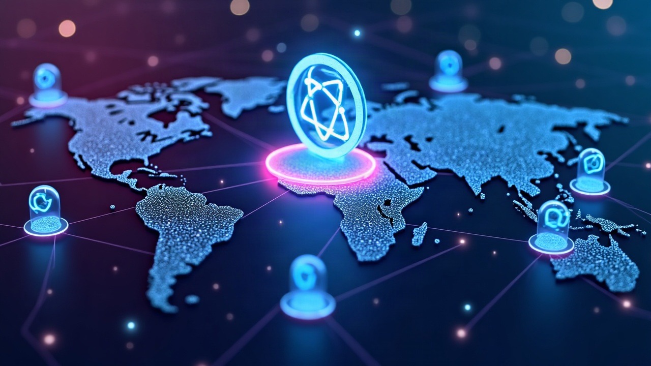 Futuristic depiction of Starfish-Speed mainnet activation with glowing nodes, IOTA token, digital identities, and global trade map.