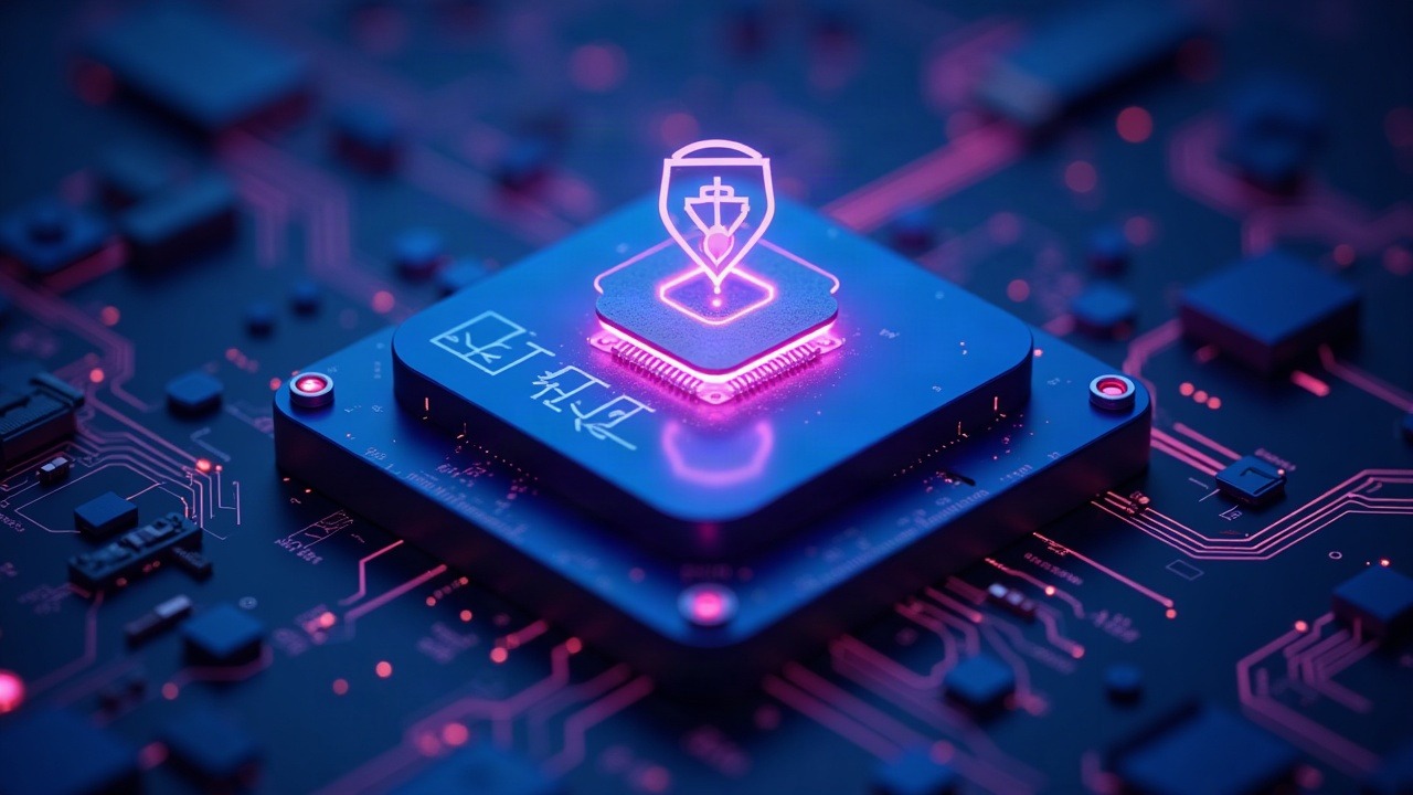 Ledger hardware wallet with a subtle hardware implant and glowing keys against a neon blue and purple digital backdrop.