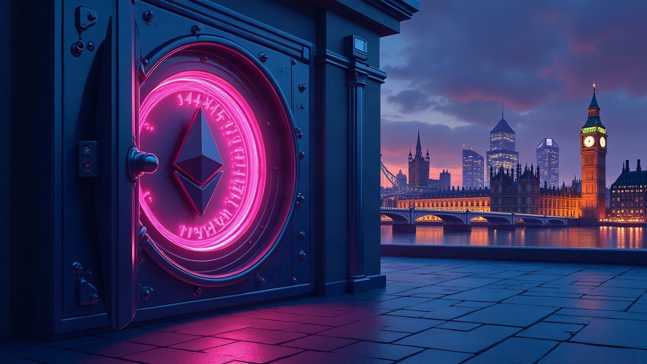 Neon illustration of Ethereum validators inside a secure stVault vault, with London skyline in the background
