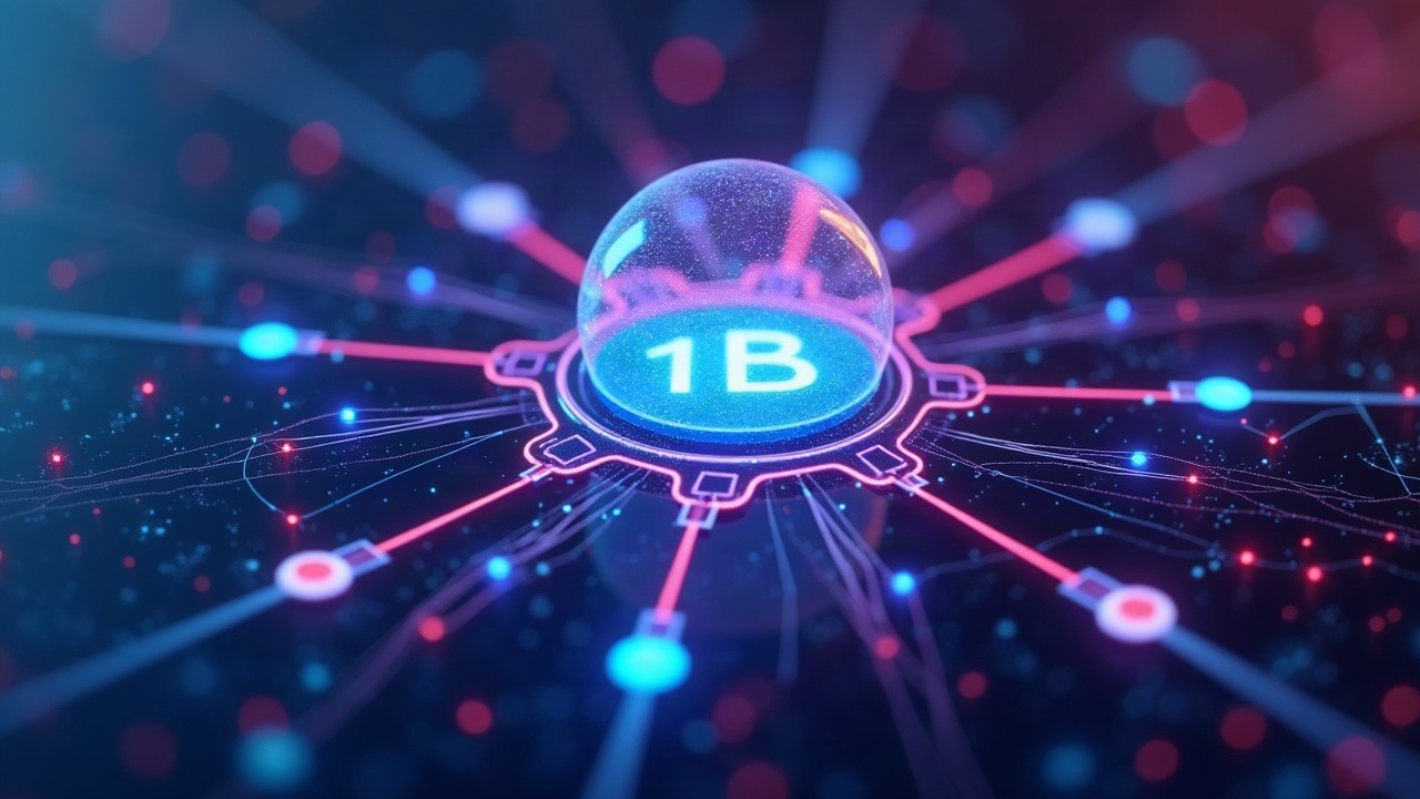 Neon 3D illustration of a central glowing node representing 1B transactions and DeFi on a high-throughput blockchain