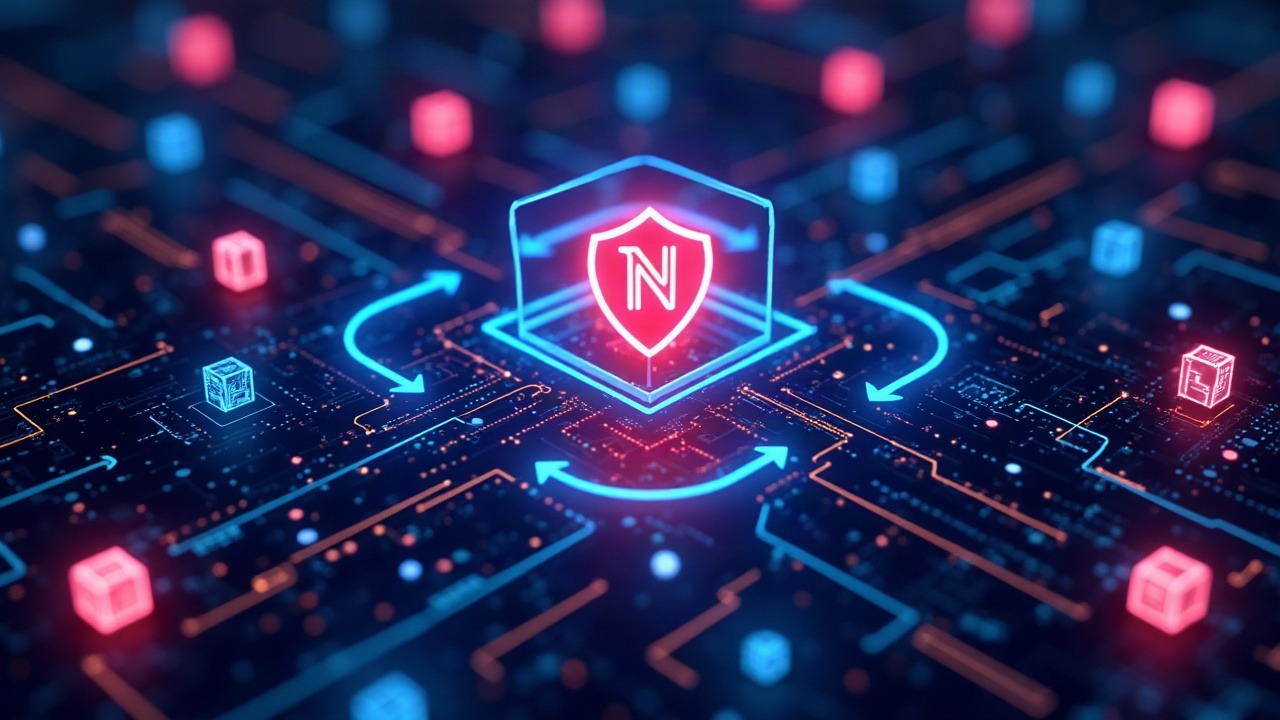 Neon crypto art: NEAR token at center linked to 35 blockchains, highlighting NEAR Business treasury and confidential receipts.