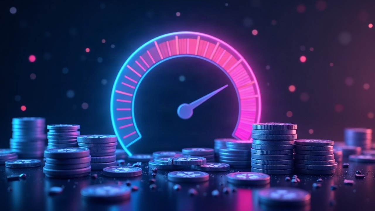 Neon crypto sentiment gauge shifting from fear to greed with blue-to-purple glow, futuristic coins, and a sleek dashboard.