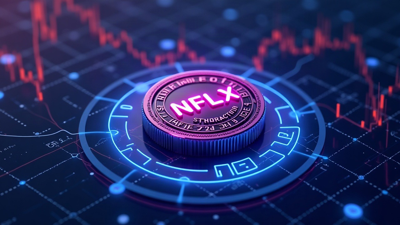 Neon 3D illustration of NFLX tokenized stock with a glowing USDC coin amid a 24/7 trading grid