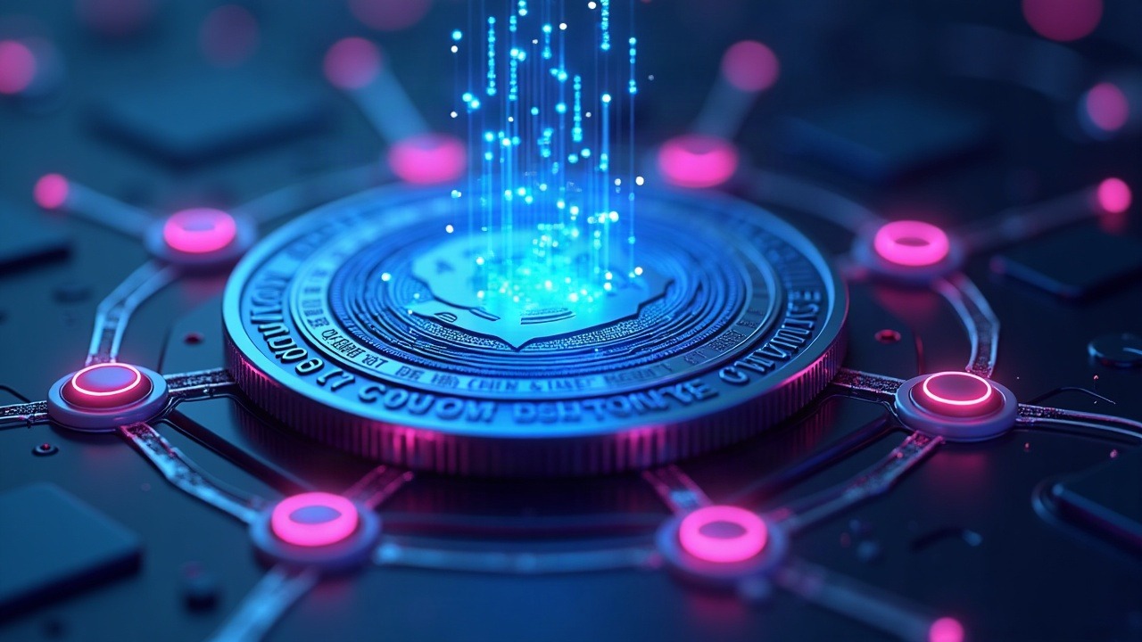 Hyperrealistic crypto token at center with programmable compliance hologram and cross-chain connectors, neon glow.
