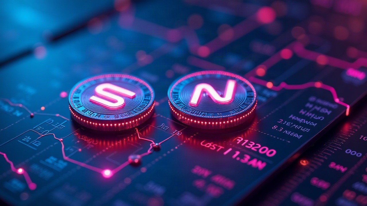 Neon cyberpunk scene with glowing RITUAL and NAORIS logos on a futuristic crypto exchange, USDT pairs, blue-magenta lighting