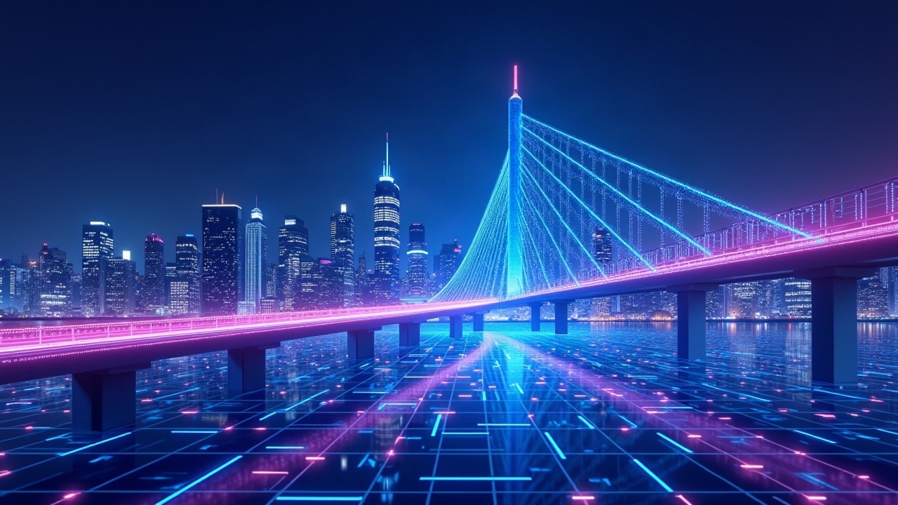 Neon-lit bridge from a corporate skyline to a glowing blockchain network, symbolizing tokenized assets and DeFi.